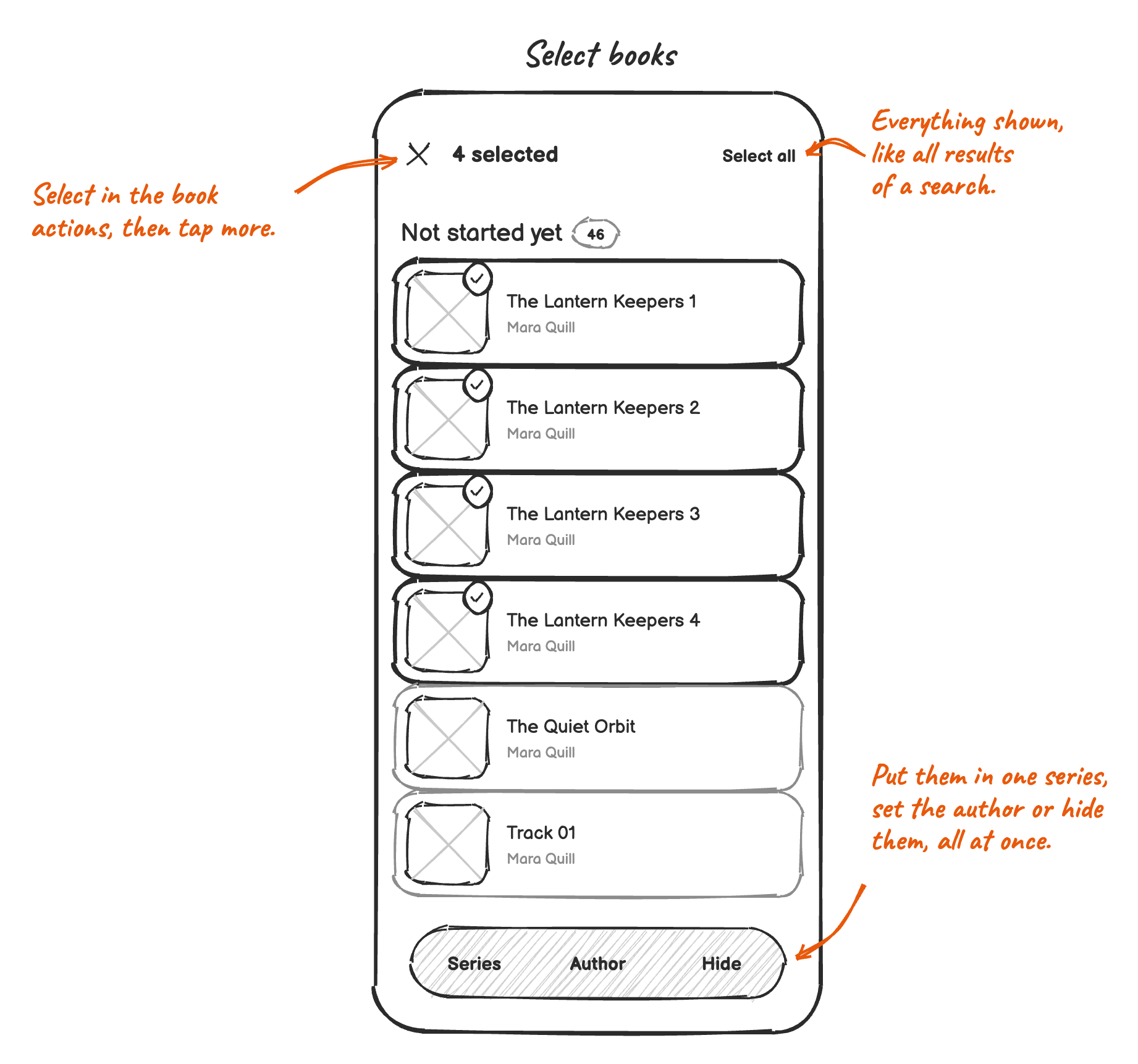 Sketch: selecting books to change them together